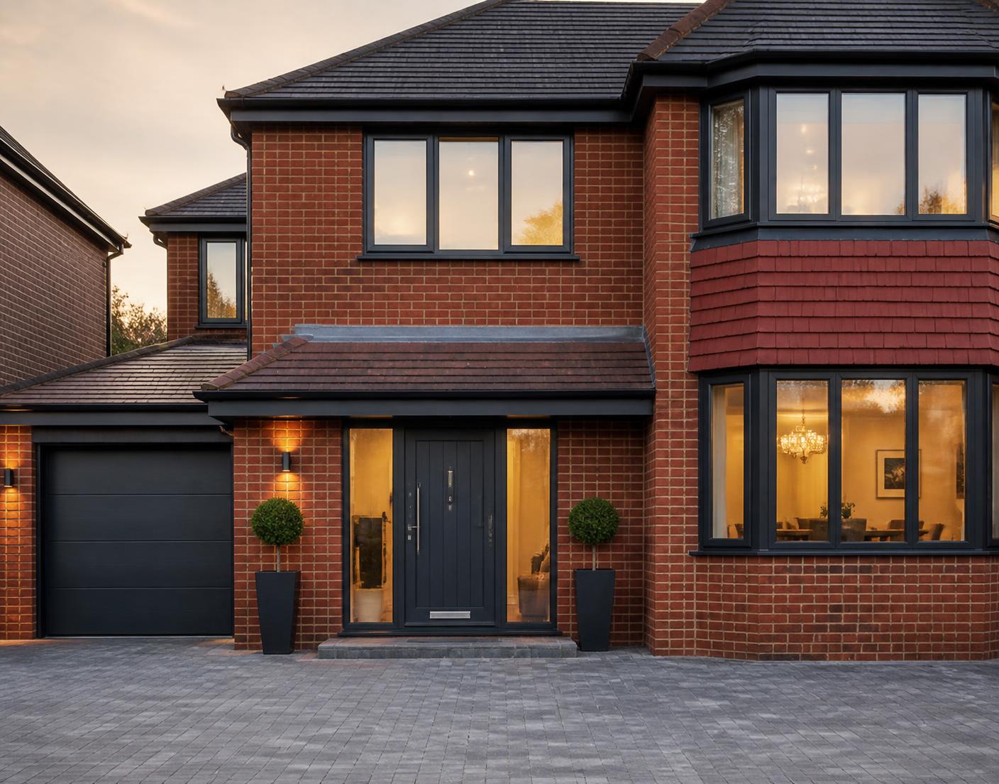 Modern British brick home with dark grey windows and a composite front door at dusk