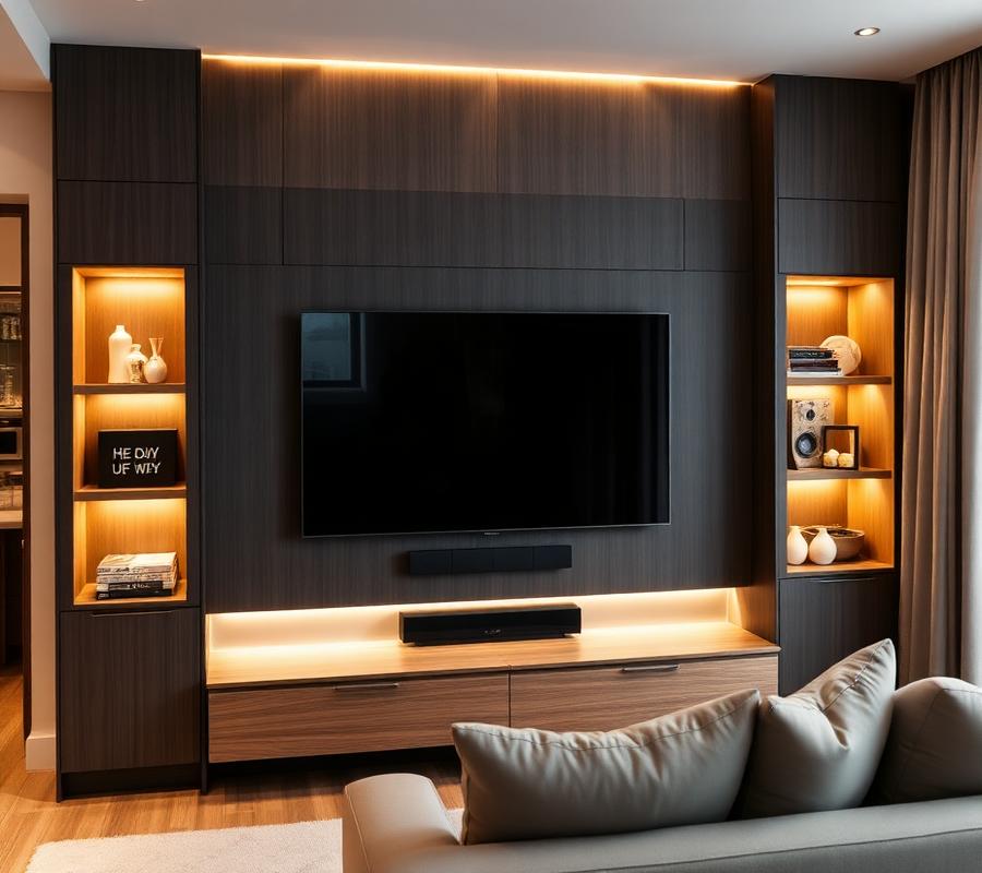Fitted media wall with recessed television and warm lighting