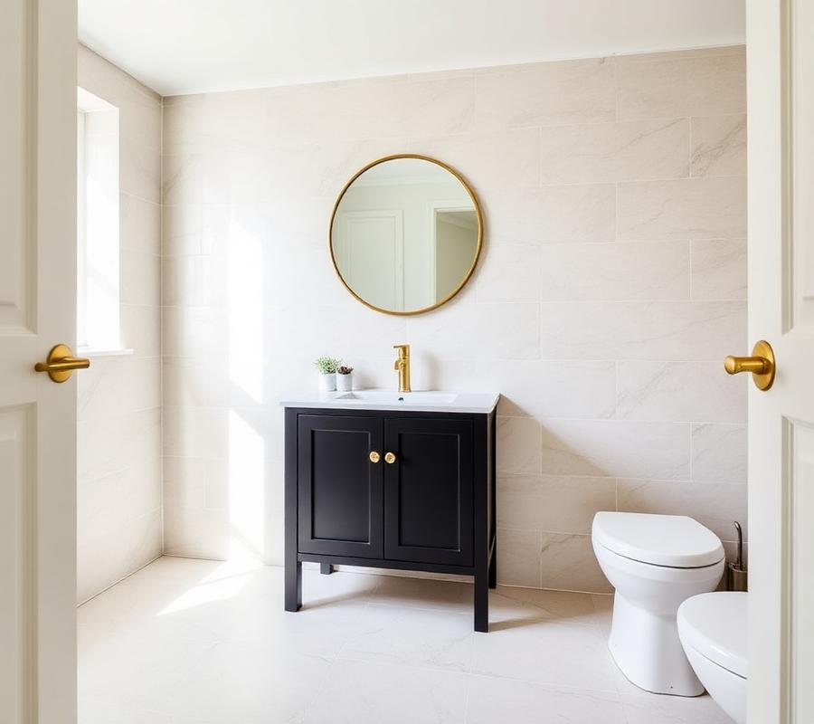 Newly tiled bathroom with dark vanity unit