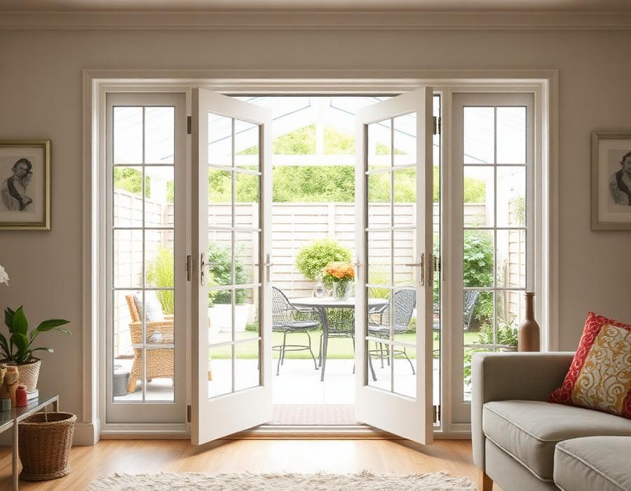 White French doors open from a living room onto a garden patio