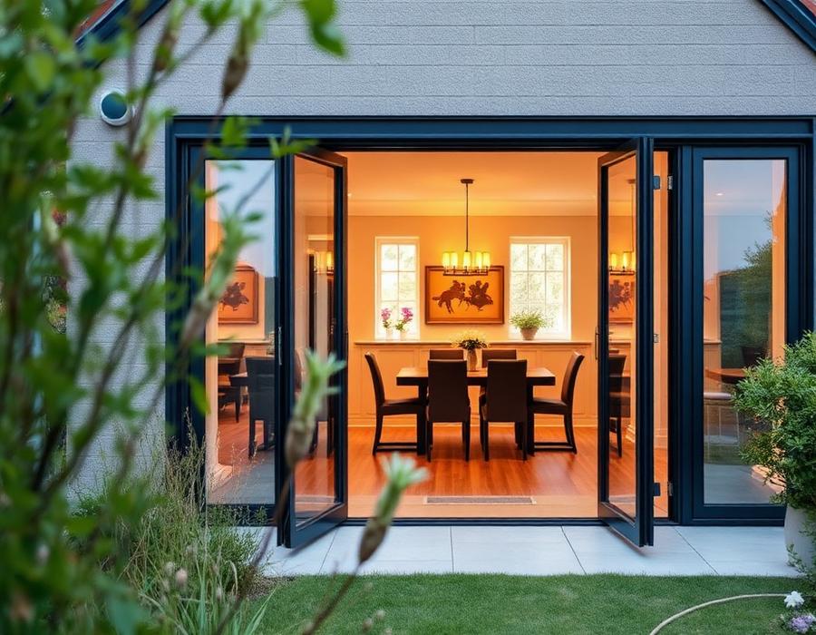 Open aluminium bifold doors between a dining room and garden