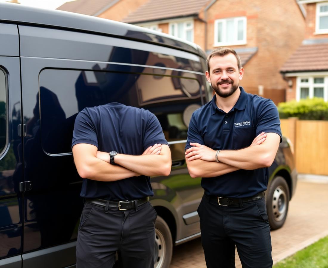 Placeholder photograph of two tradesmen in navy workwear beside a work van